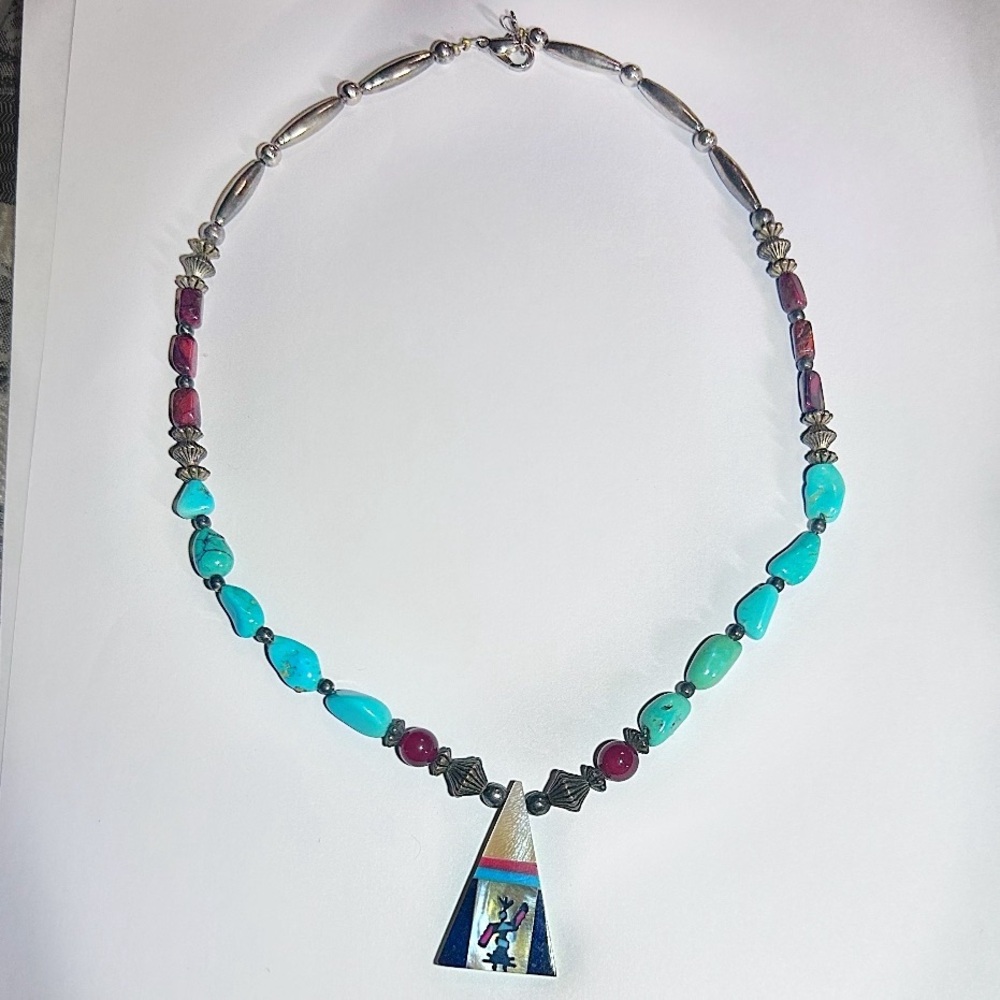 Vintage Zuni Inlaid Pendant, Turquoise, Pyrite, Coral necklace, Pendant …